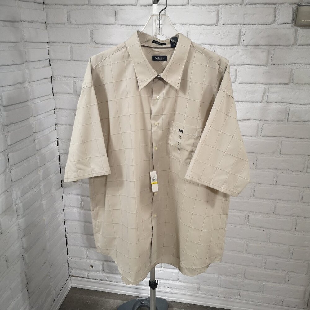 NWT Van Heusen Men's Size XXL Wrinkle Free Beige Plaid Button Front Shirt